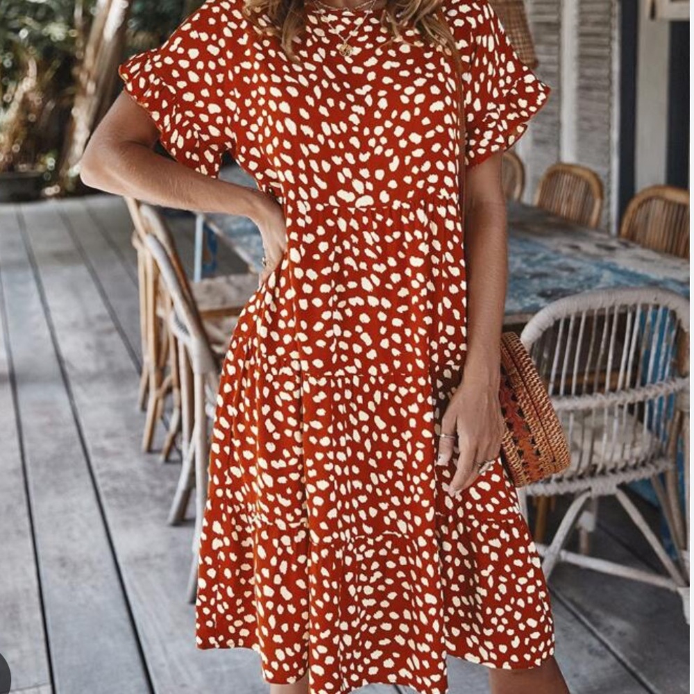 Belted Dalmatian Print Ruffle Trim Dress, Sz L - Picture 13 of 13